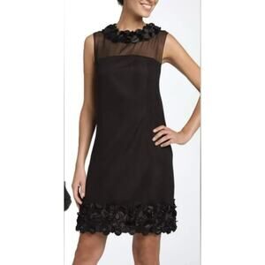 Taylor Black Silk Sheath Cocktail Party Dress w/Satin Petals Sheer Overlay sz. 4
